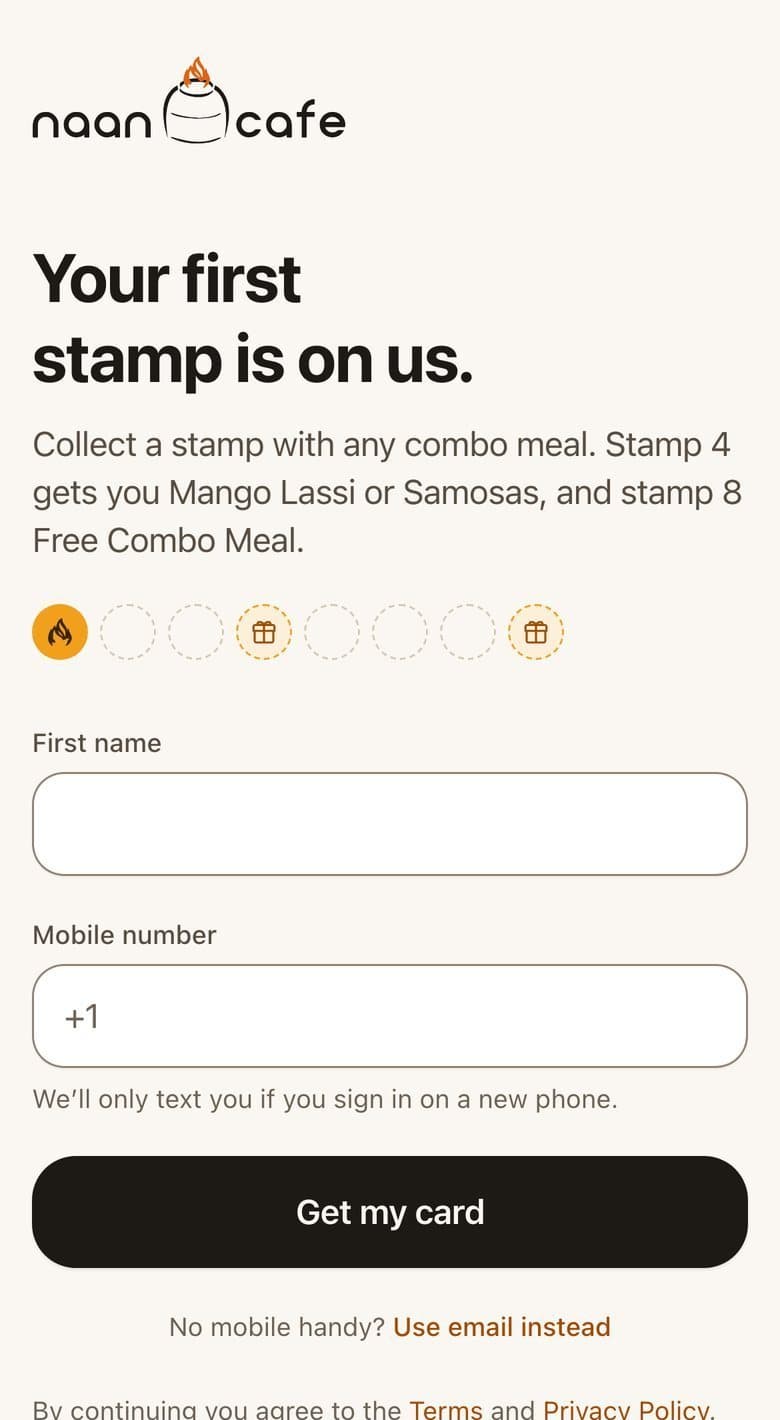Join screen headed Your first stamp is on us, asking for a first name and a mobile number.