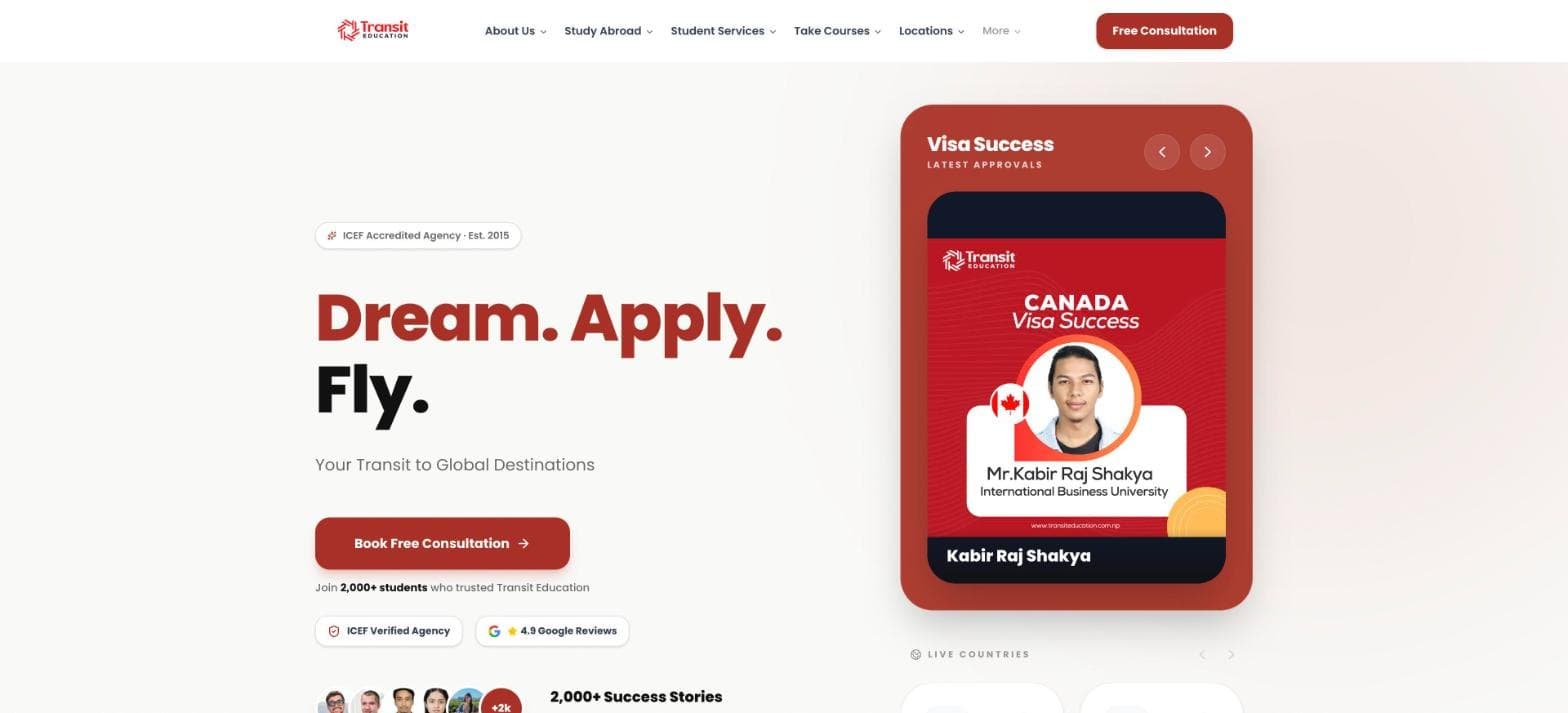Transit Education homepage: Dream. Apply. Fly. beside a carousel of recent visa approvals.